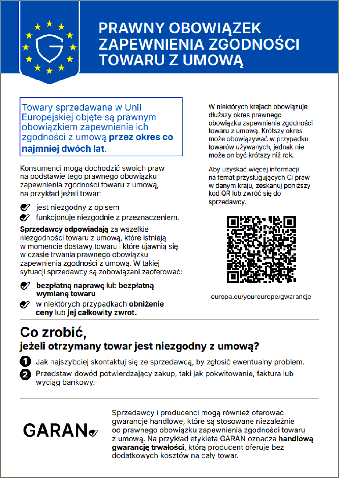 Ustawowa rękojmia za zgodność — co najmniej dwa lata (UE)